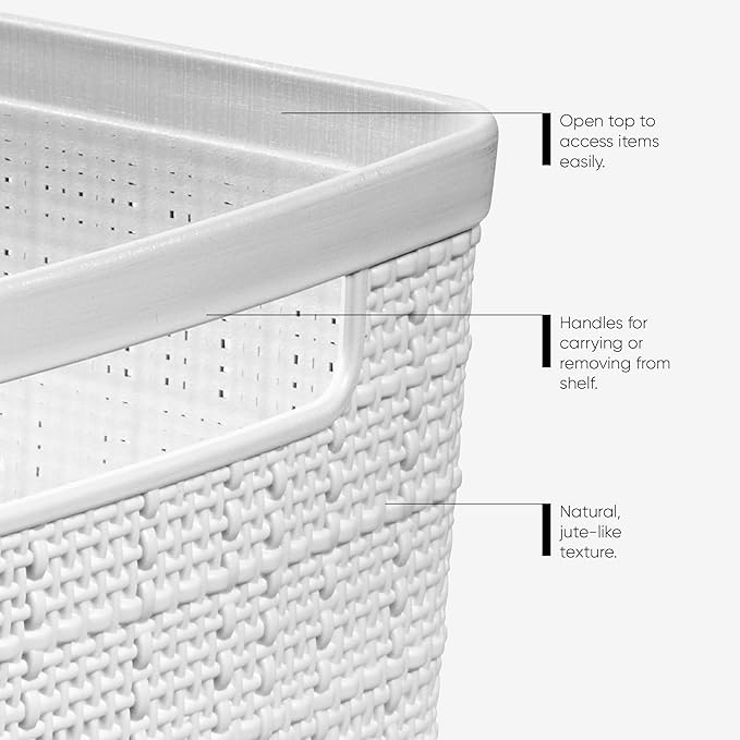 Curver Jute Decorative Plastic Organization and Storage Basket Perfect Bins for Home Office, Closet Shelves, Kitchen Pantry and All Bedroom Essentials, White, Large Cube, Set of 4