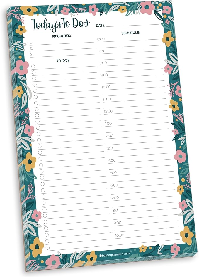 bloom daily planners Undated Daily Planner Notepad with Hourly Schedule for Appointments - Time Block To Do List Planning Pad - 80 Sheets - 6" x 9" - Garden Blooms