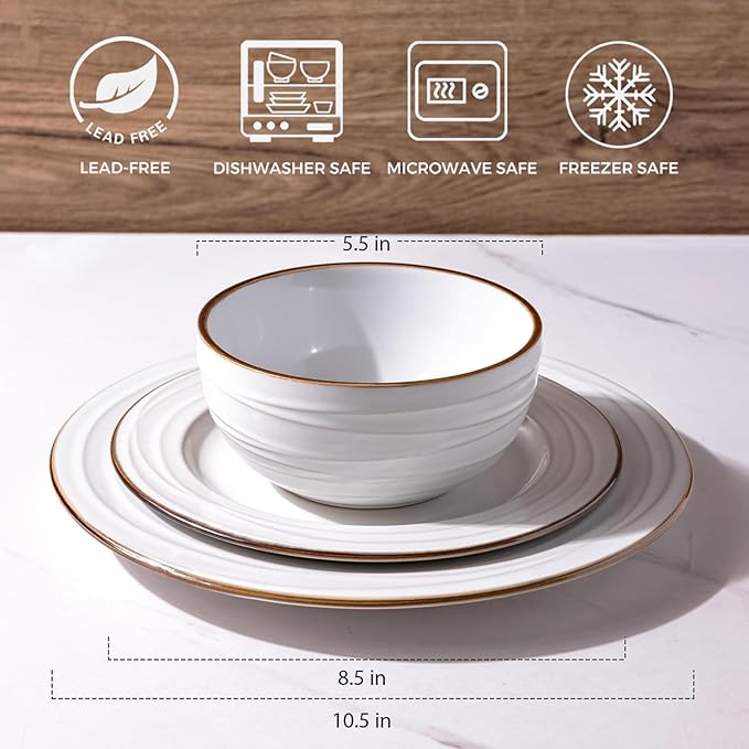 GBHOME Ceramic Dinnerware Sets,12 pcs Embossed Elegant Stoneware Plates and Bowls Sets, Housewarming Wedding Gift | Dishwasher & Microwave Safe | Dishes Set Service for 4