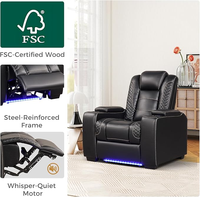 ANJ Power Theater Recliners Set of 3, Electric Home Theater Seating, Black Faux Leather Recliner with Adjustable Headrest, Movie Recliner Theater Chairs with LED,USB, Cup Holders, Hidden Arm Storage