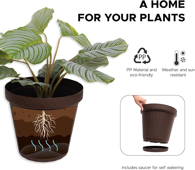 Elly Décor Set of 2 12 inch Round Saucer Modern Self Watering Planter Plates, Pots with Rattan-Like Finish, 12x12 Chocolate Brown