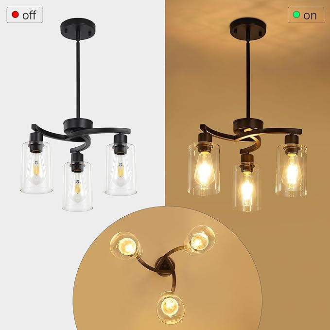 3 Light Modern Dining Chandeliers Over Table，Black Light Fixture for Dining Room，Farmhouse Chandelier with Glass Shade，Industrial Pendant Lighting for Kitchen Island，Foyer,Hallway, Bedroom