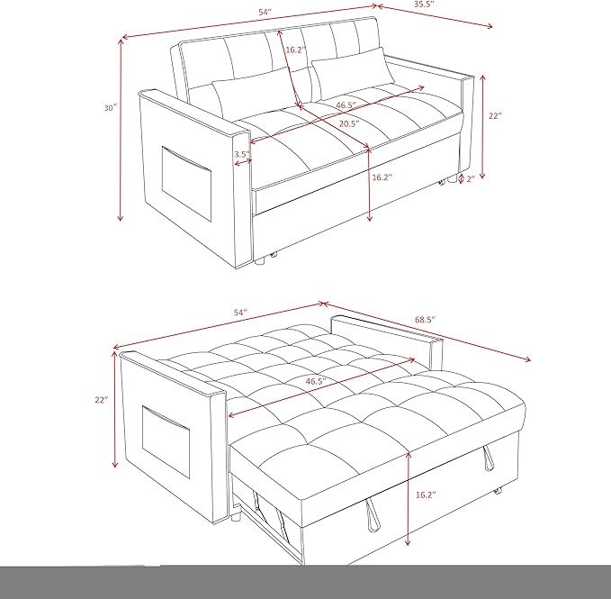 3 in 1 Sleeper Sofa Bed, Futon Sofa Bed for Living Room with Side Pocket, Black Sleepers Sofas Couch with Pullout Beds, Convertible Love Seat Sleepers Couch for Living Room, Bedroom,