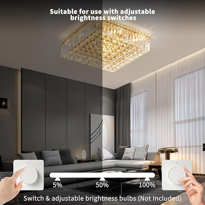 12-Lights Gold Crystal Flush Mount Ceiling Light Fixtures,Elegant Crystal Chandelier Pendant Ceiling Lamp for Bedroom,Living Room,Dining Room,Hallway H5.9 x W20 x L20 (Bulb Not Included) Square