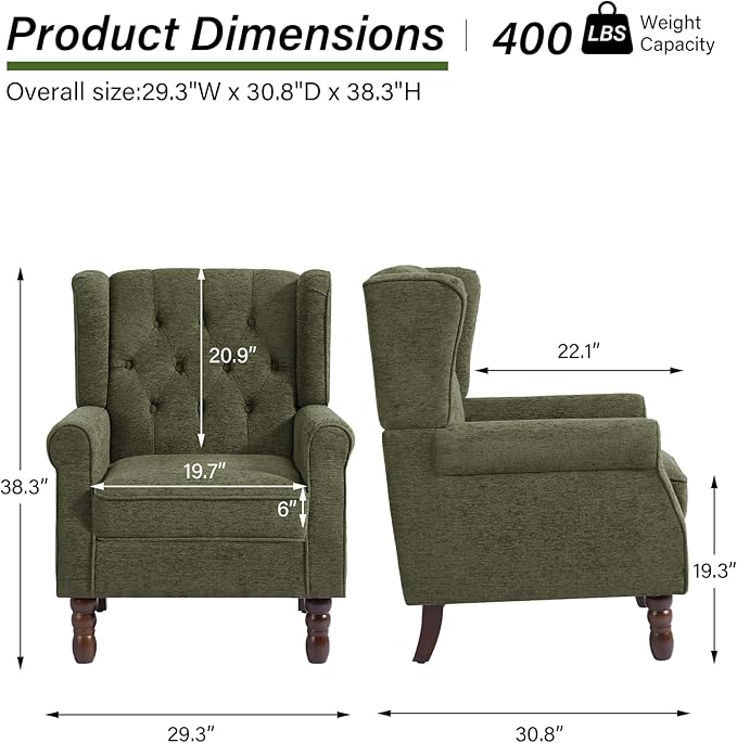 Accent Chair, Upholstered Armchair with Button Tufted High Back & Solid Wood Legs, Comfy Wingback Reading Single Sofa Chair for Small Spaces, Living Room, Bedroom (Green, Set of 2)