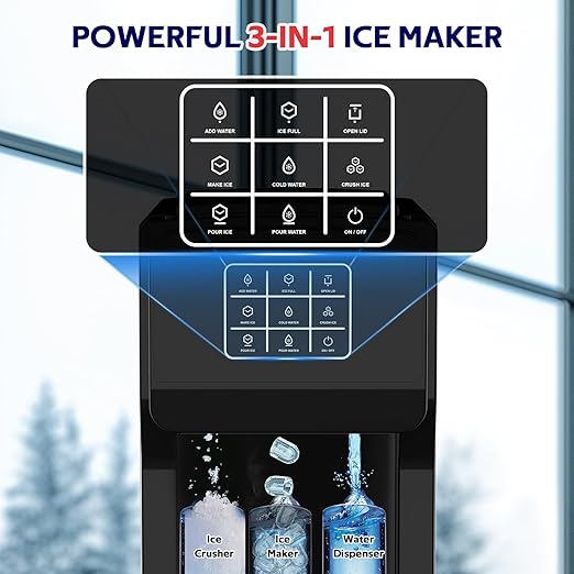 3 in 1 Water Dispenser with Ice Maker, Ice Maker Countertop, Bullet Ice, Crushed Ice, Water Cooler, 44Lbs/24H, 12 Ice/6Min, Self-Cleaning, 4Lbs Ice Storage, Home/Kitchen/Party/RV (Touchscreen)