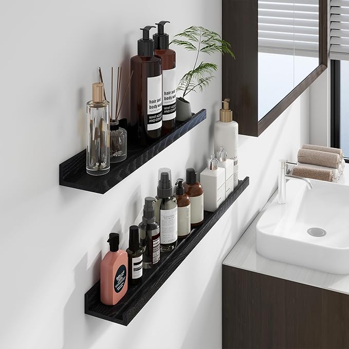 Floating Picture Ledge Shelves 55 Inch Solid Oak Wood Set of 2, Rustic Wall Storage Shelves with Lip, Kids Bookshelf, Photo & Picture Ledge Shelves for Bedroom, Living Room, Kitchen