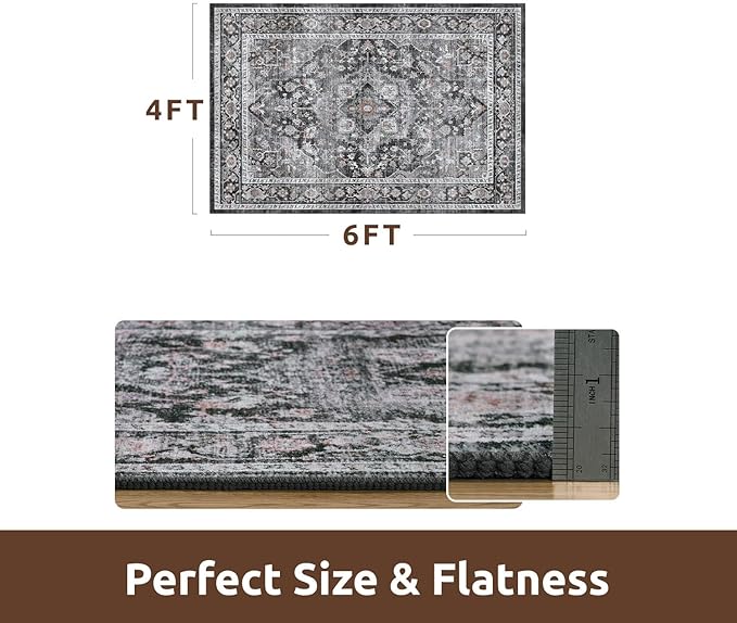 AMOAMI-4X6 Area Rugs for Living Room -Soft Vintage Bedroom Rug-Non Slip Washable Rug-Throw Rugs for Living Room Bedroom Bedside Dining Room Office Dark Grey & Black