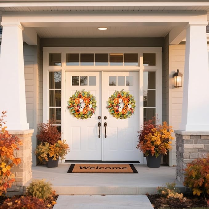 Fall Wreath for Front Door, 24 Inch Autumn Wreath with Pumpkins, Peony, Sunflowers & Dahlias, Fall Decorations for Home, Artificial Flowers Harvest and Thanksgiving Indoor & Outdoor