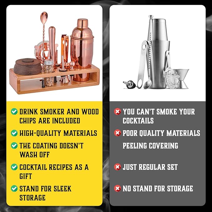 Bartender Kit with Whiskey Smoker - 13 pcs, Bamboo Stand - Bar Set with Cocktail Shaker, Bartending Kit with Essential Bar Accessory Tools, Wood Chips, Pink Gold