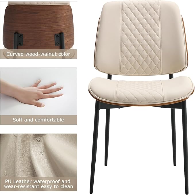 BV Dining Chairs Set of 4, PU Leather Armless Kitchen Chair in Modern Walnut Style, Mid Century Bentwood Side Chair with Metal Legs, Retro Accent Guest Chair for Kitchen Dining Room(Beige)