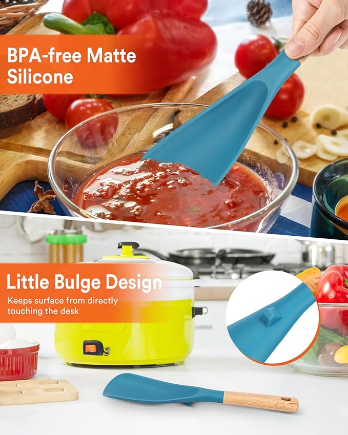 Cooking Spoon and Scraper for Nonstick Cookwares, Great for Cooking and Serving Durable BPA-Free Matte Silicone, Wood Handle Multifunction Spoon for Mixing, Scoop, and Scrape (BLUE)
