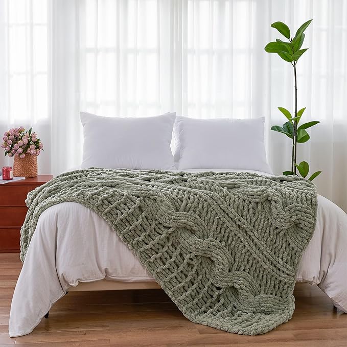 Esterra Chunky Knit Blanket Throw 50"x60", 100% Hand Knitted Chenille Throw Blanket, Cozy Soft Thick Cable Knit Throw Large Rope Knot Crochet Throw Blanket for Sofa Couch Bed, Sage Green