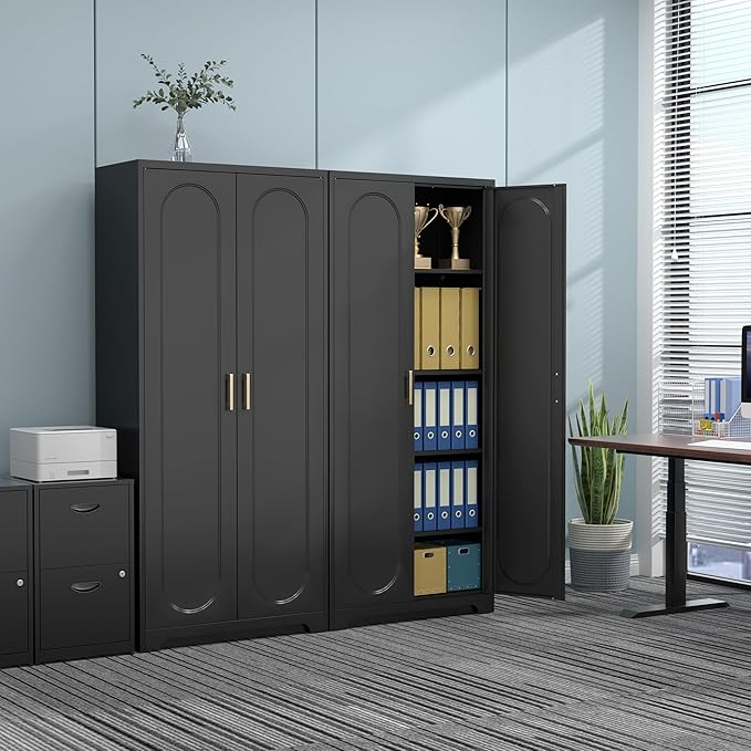 71" Tall Metal Pantry Cabinet with 4 Adjustable Shelves and Gold Handles Heavy-Duty Steel Storage for Kitchen, Dining Room or Office