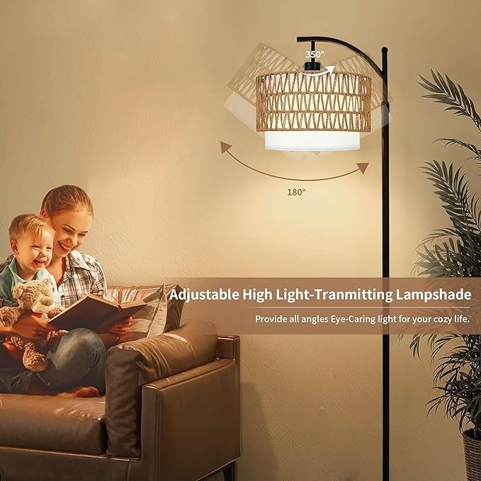 Arc Floor Lamp for Living Room Boho Floor Lamps with Remote Control & with 3 Color Temperatures,Rattan Wicker Standing Lamp Dimmable Tall Floor Lamp for Bedroom Living Room Corner