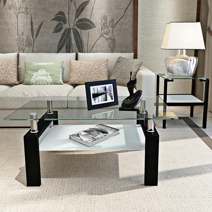 Glass Coffee Table for Living Room, 2 Layer Center Table with Clear Rectangle Tempered Glass Top Black Metal Leg, Mordern Home Office Furniture