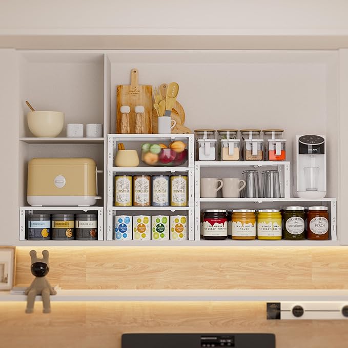 Expandable Spice Rack,Stackable Storage for Cabinet, Multi-Functional Kitchen Shelving,Height-Adjustable,Sustainable Organizer Solution(1Pack/White/Medium)