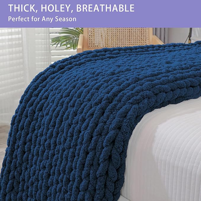 Bigacogo Chunky Knit Throw Blanket for Couch, 60x80 inches, 100% Hand Knitted with Thick Jumbo Chenille Yarn, Cozy Soft Large Rope Knot Cable Crochet Blankets for Sofa Bed Living Room, Navy Blue