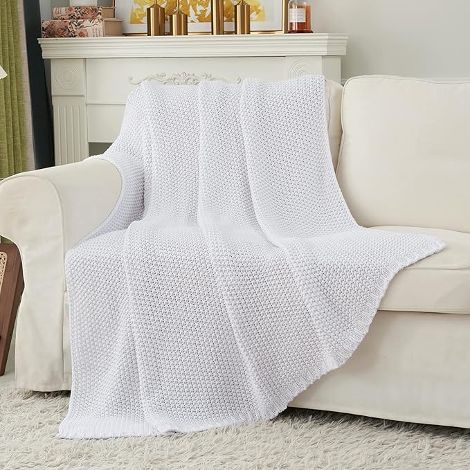 Chunky Cable Knit Throw Blanket Lightweight White 100% Organic Cotton Blanket for Sofa Couch Bed Baby Nursery, Rustic Shabby Chic Modern Farmhouse, Pure White 51” x 63” Give Laundering Bag