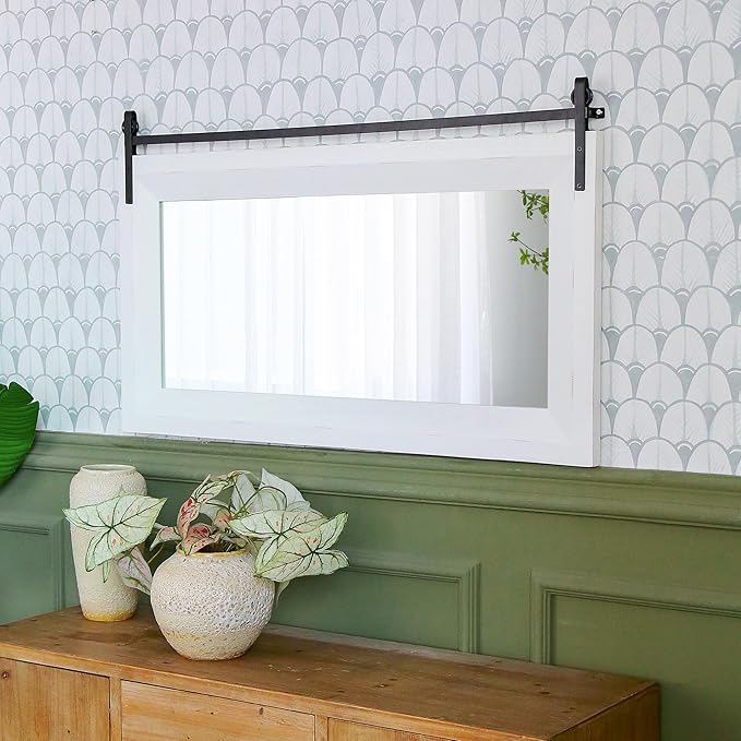 ALBAD Farmhouse Mirror for Wall Decor Wood Framed Bathroom Vanity Mirrors Vertical/Horizontal Hanging Barn Door Style Mirror for Living Room Bathroom Bedroom Entryway White