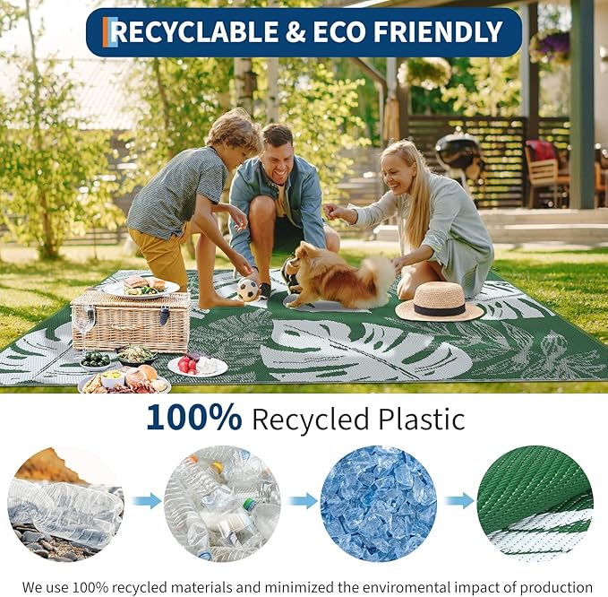 GAOMON Outdoor Rug 8x10 Patio Waterproof Reversible Plastic Straw Rug Modern Foldable Lightweight RV Camping Mat with Portable Bag & 4 Stakes, UV Resistant & Sturdy for Picnic Deck Balcony, Green