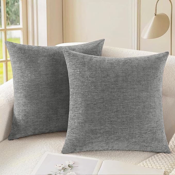 CaliTime Throw Pillow Covers Decorative 24 X 24 Inches Pack of 2 Cozy Chenille Cushion Cases for Couch Sofa Bed Living Room Home Medium Grey