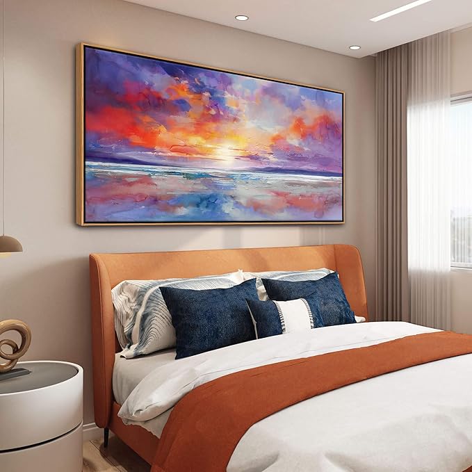 DUNHUANG ART Vibrant Orange Sunset Wall Art - Colorful Ocean Abstract Beach Decor for Living Room & Bathroom - Large Framed Coastal Seascape Picture - Ocean Sunrise Poster for Home Decoration 20"x40"