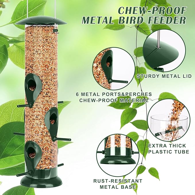 FEED GARDEN Metal Tube Bird Feeders for Outdoors Hanging, 6-Port Bird Feeder for Outside, Finch Feeders for Outside, Squirrel Proof Bird Feeders with Heavy Duty Metal Lid, Chew-Proof, 13 Inch Green