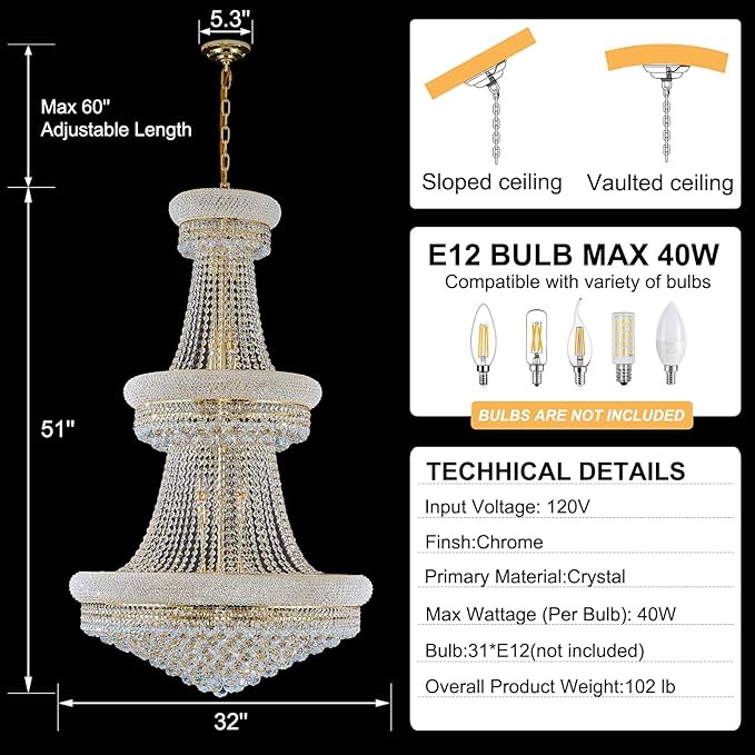 31 - Light Large Empire Crystal Chandelier for High Ceiling Foyer Entryway Staircase Living Room Dining Room Gold Finish