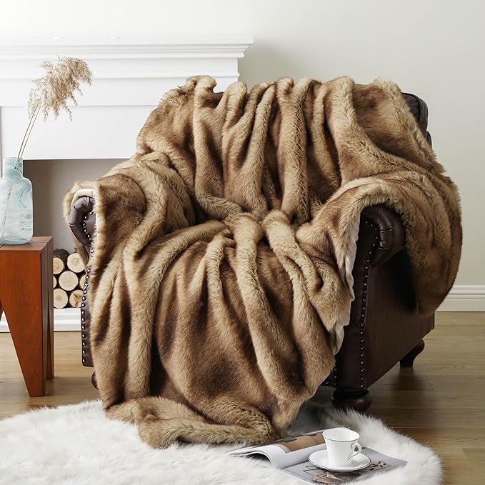 BATTILO HOME Luxury Ochre Faux Fur Throw Blanket, Soft Cozy Mink Fur Blanket for Couch, Sofa, Bed, Plush Warm Fuzzy Fall Fur Throw and Blankets for Home Decor, 50"x60"