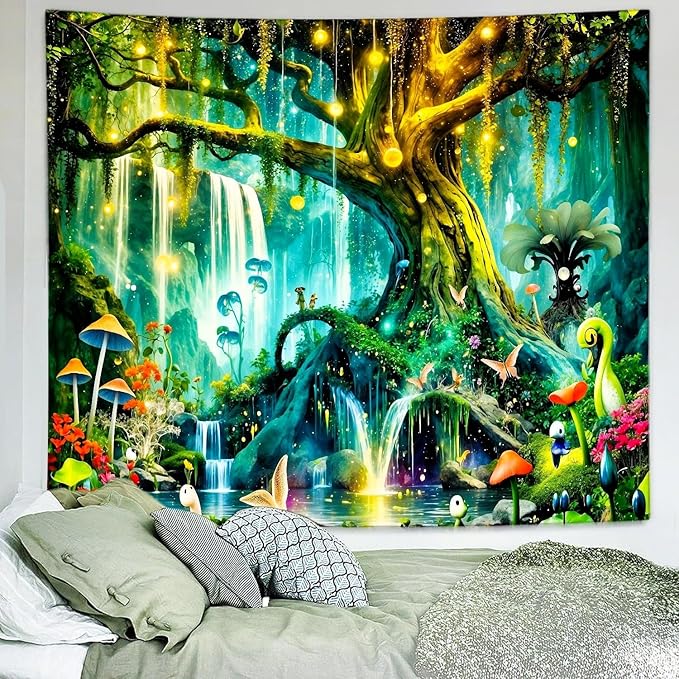 Delur Magical Forest Tapestry Fantasy Tree of Life Enchanted Fairy Tale Forest Tapestry Mystical Psychedelic Nature Landscape Wall Hanging Headboard for Bedroom Living Room Home Decor (51.2" x 59.1")