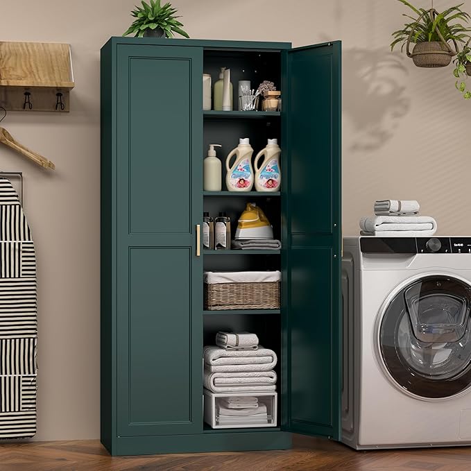 71" Metal Pantry Cabinet, Tall Kitchen Pantry Storage Cabinet with 4 Adjustable Shelves and Gold Handles, Green Cupboard for Kitchen, Dining Room, Living Room