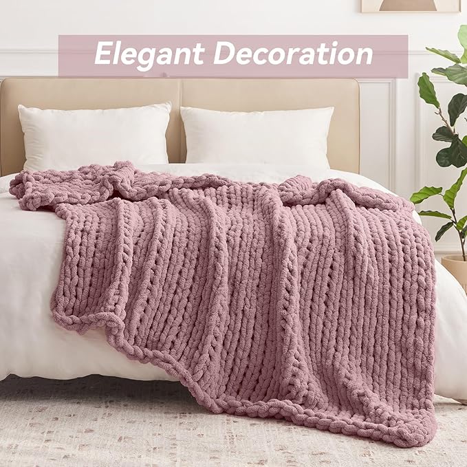 Chunky Knit Throw Blanket, 50''*60'' Knitted Throw Chenille Yarn for Bed Couch, Handmade Muted Pink Crochet Big Thick Blanket, Machine Washable Cute Comfy Blanket for Home Decor
