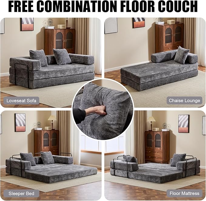 Convertible Sleeper Sofa Bed, Compression Folding Sofa with Pillow, No Assembly Required, Shape Frame, Floor Sofas Lounge Couch for Living Room, Bedroom, Small Spaces(Chenille, 77''W, Dark Grey)