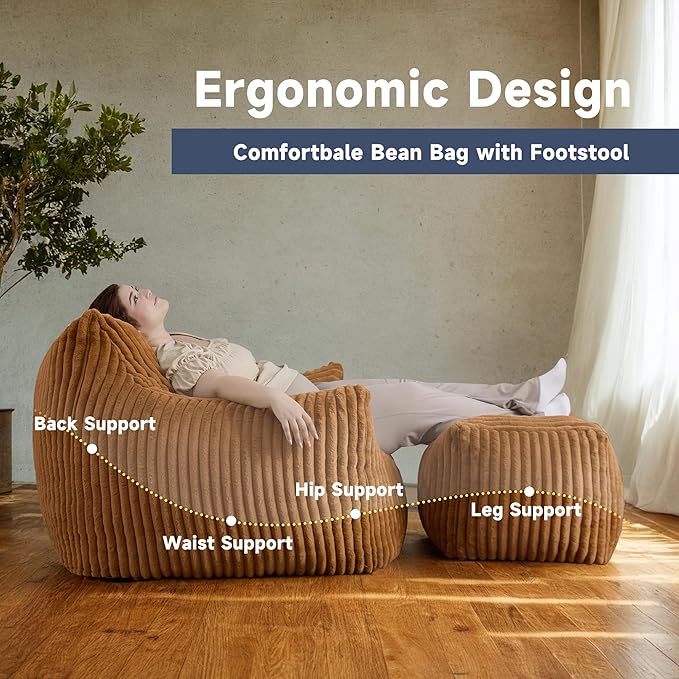 Giant Bean Bag Chairs for Adults, Oversized Chaise Lounge Chair Indoor with Memory Foam - Plush Boneless Lounger & Ottoman for Bedroom, Living Room, Gaming & Reading, Lazy Floor Sofa Chair, Orange