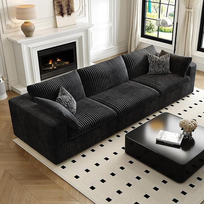 118" Cloud Couch Modular Sectional Sofa for Living Room,Modern Sofa with Deep Seat，3 Seater Boneless Couch,Comfy Upholstered Corduroy Couches for Apartment, Studio, Office,Bedroom，Black