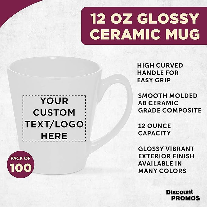 DISCOUNT PROMOS Custom Glossy Ceramic Latte Coffee Mug 12 oz. Set of 100, Personalized Bulk Pack - Perfect for Tea, Espresso, Cappuccino, Hot Cocoa - White