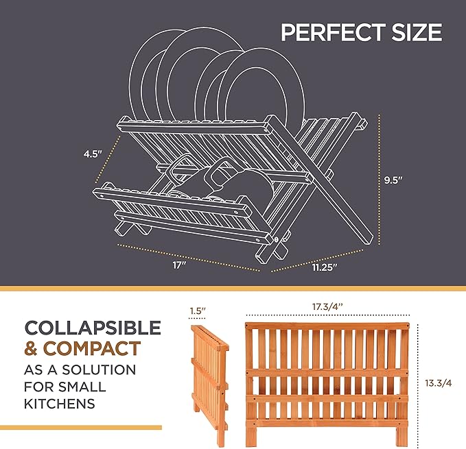 BAMBUSI Dish Drying Rack - Collapsible 2-Tier Bamboo Dish Rack for Kitchen Counter, Wooden Dish Drainer with Foldable Space-Saving Design - Drying Rack for Dishes, Plates, and Cups - Housewarming Gift