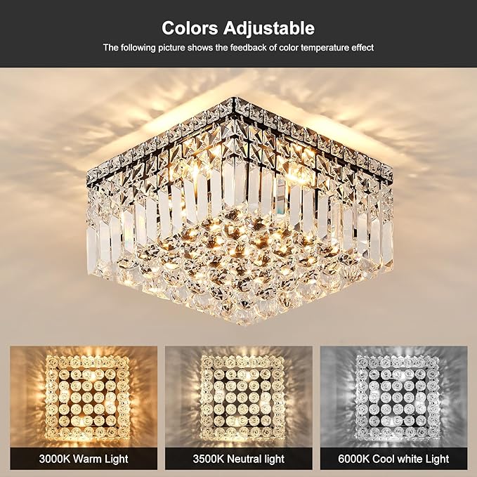 4-Light Black Crystal Chandeliers Flush Mount Chandelier Light Fixture with K9 Crystals Modern Ceiling Lights Elegant Square Lamp for Bedroom,Hallway,Bar,Living Room,Dining Room,H5.9 xW13.7