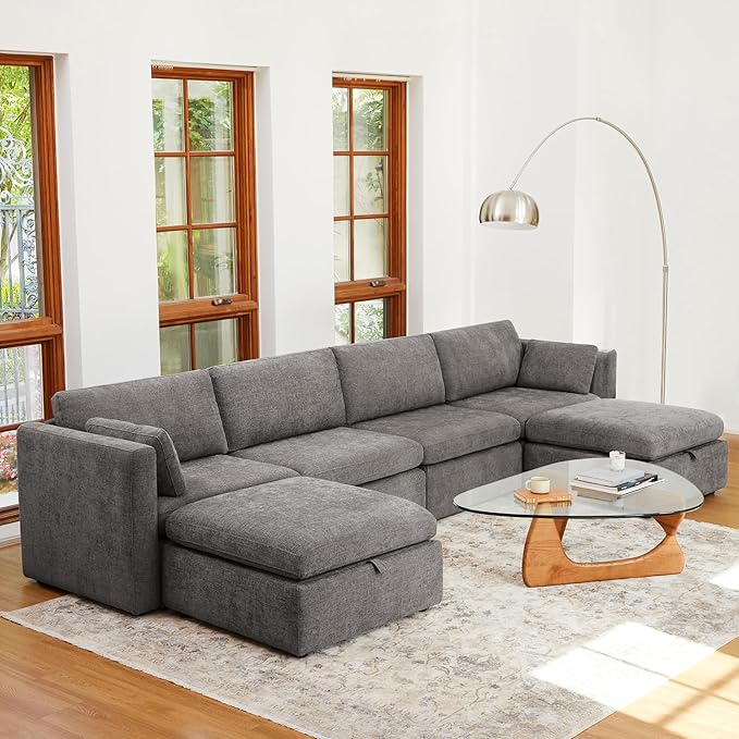 CHITA Oversized Modular Sectional Fabric Sofa Set, Extra Large U Shaped Couch with Reversible Chaise, 146 inch Width, 6 Seat Modular Sofa with Storage Ottamans, Grey
