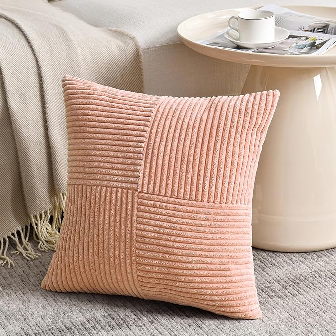 Fancy Homi 2 Packs Peach Decorative Throw Pillow Covers 16x16 Inch for Living Room Couch Bed Sofa, Rustic Farmhouse Boho Home Decor, Soft Corss Patchwork Corduroy Textured Square Cushion Case 40x40 cm