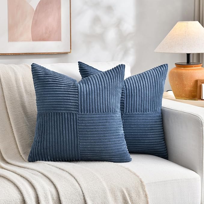 Fancy Homi 2 Packs Dusty Blue Samll Decorative Throw Pillow Covers 14x14 Inch with for Couch Bed Sofa, Rustic Farmhouse Boho Home Decor, Soft Corss Patchwork Corduroy Square Cushion Case 35x35 cm
