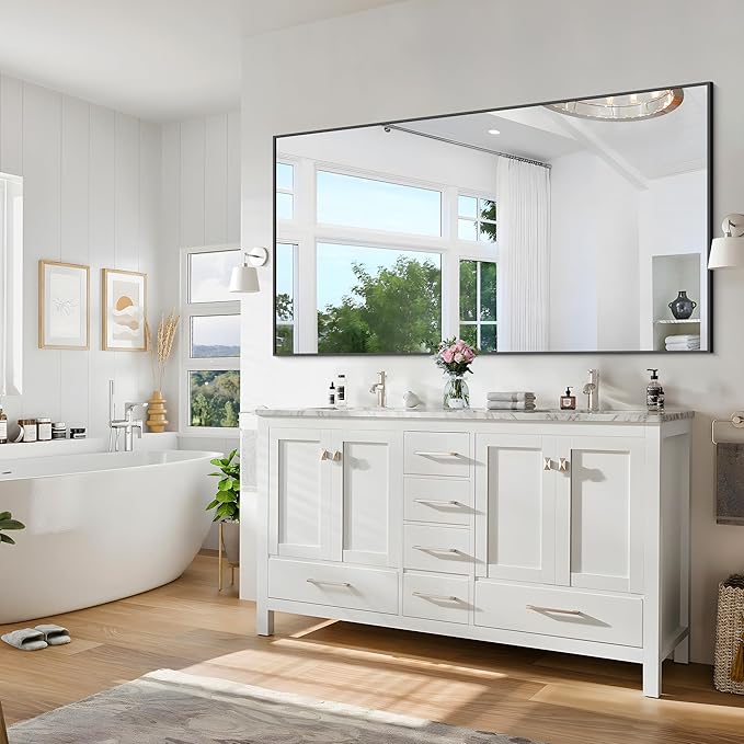 Black Bathroom Mirror for Wall, 55x30 Inch Rectangle Mirrors with Metal Frame, Modern Vanity Wall Mirror Decor for Bathroom Living Room, Entryway Hangs Horizontal or Vertical