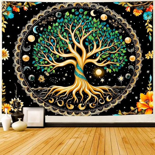 Delur Tree of Life Tapestry Moon Phase Nature Flower Plant Tapestry Wall Hanging Boho Mandala Spiritual Sun Aesthetic Psychedelic Headboard for Bedroom Living Room Home Decor (59.1" x 78.7")