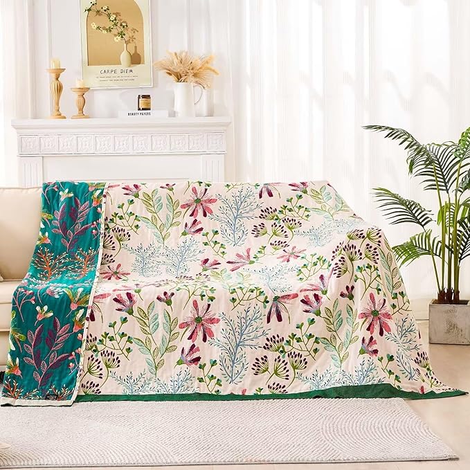 Boho Throw Blanket for Bed, 100% Cotton Soft Rustic Quilt Fall Blanket, 90"x98" Floral Printed Farmhouse Decor Bed Blankets, All Season Rustic Reversible Bohemian Throw Quilt