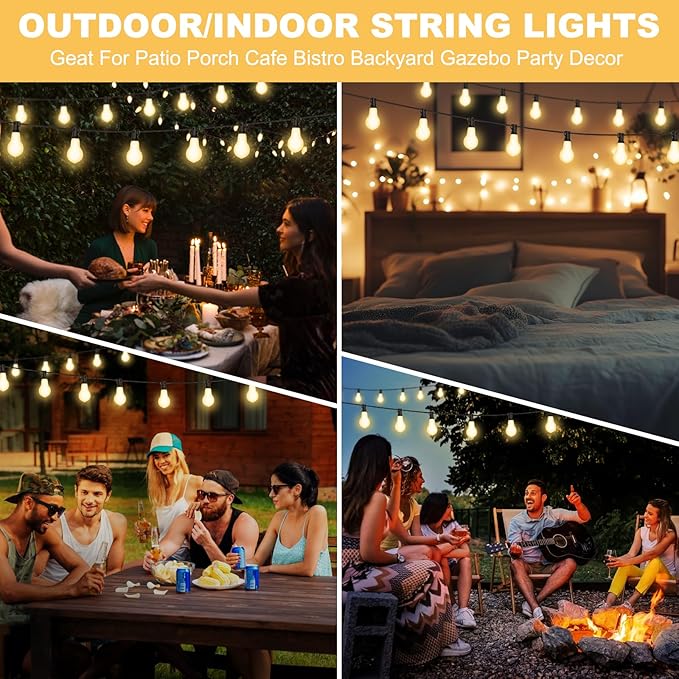 100FT Outdoor String Lights Waterproof with 64+4 Bulbs (1.5FT Bulbs Spacing), Remote & Dimmer, Commercial Patio String Lights with 3 Mode Light & Timing, 100PC Mounting Ties for Outside