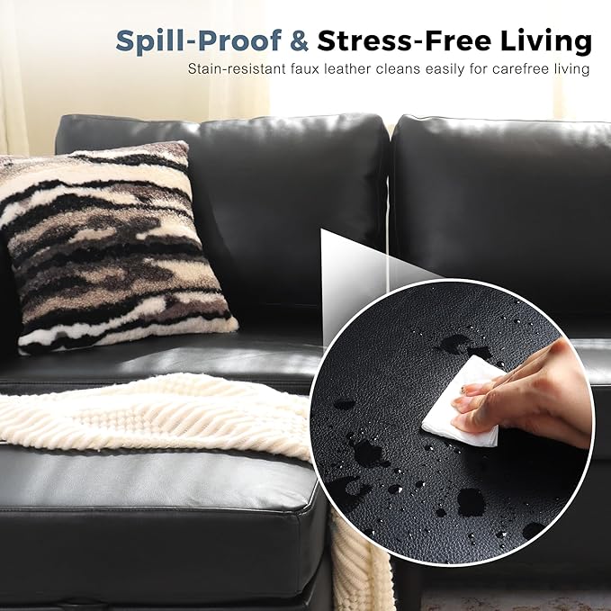 ABCASA 118.5" Faux Leather Modular Sectional Convertible Sofa, L Shaped Couch Set for Living Room, Large 8-Seater Comfy Cloud Couches with Movable Storage Ottoman DIY Combination - Black