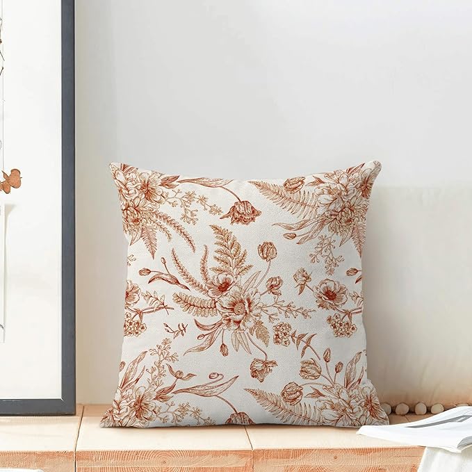 CXMEIFLY Burnt Orange Spring Pillow Covers 18 x 18 Inch Set of 2 for Chinoiserie Flowers Decor Throw Pillows Floral Leaves Seasonal Plant Outdoor Decorative Cushion Cases for Couch Bed Decorations