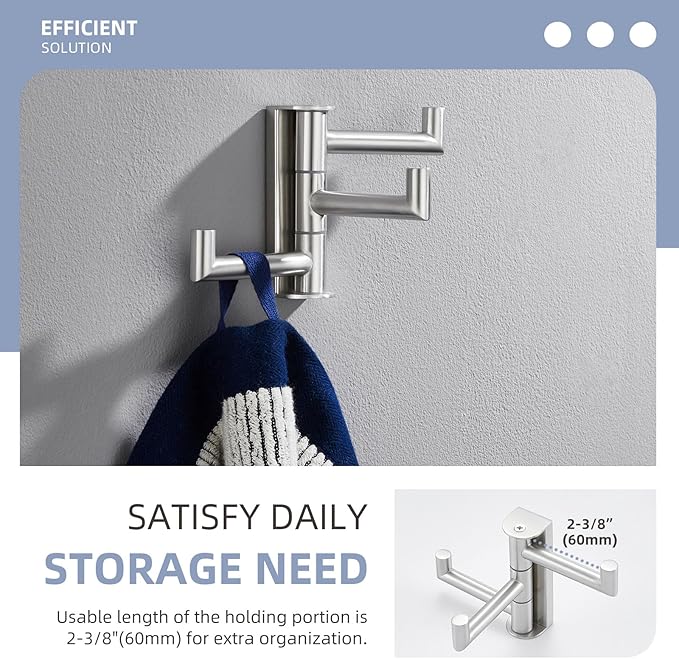 Angle Simple Swivel Towel Hook 3 Arms, SUS 304 Stainless Steel Foldable Robe Towel Hook for Bathroom, Wall Coat Holder, Brushed Nickel