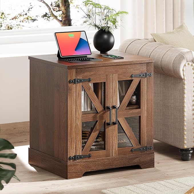 Farmhouse Side Table - 24" Large Night Stand Set 2, Wood Nightstand with Charging Station, Bedside Table with Adjustable Shelf, End Tables Living Room, Rustic Bed Side Tables Bedroom, Walnut